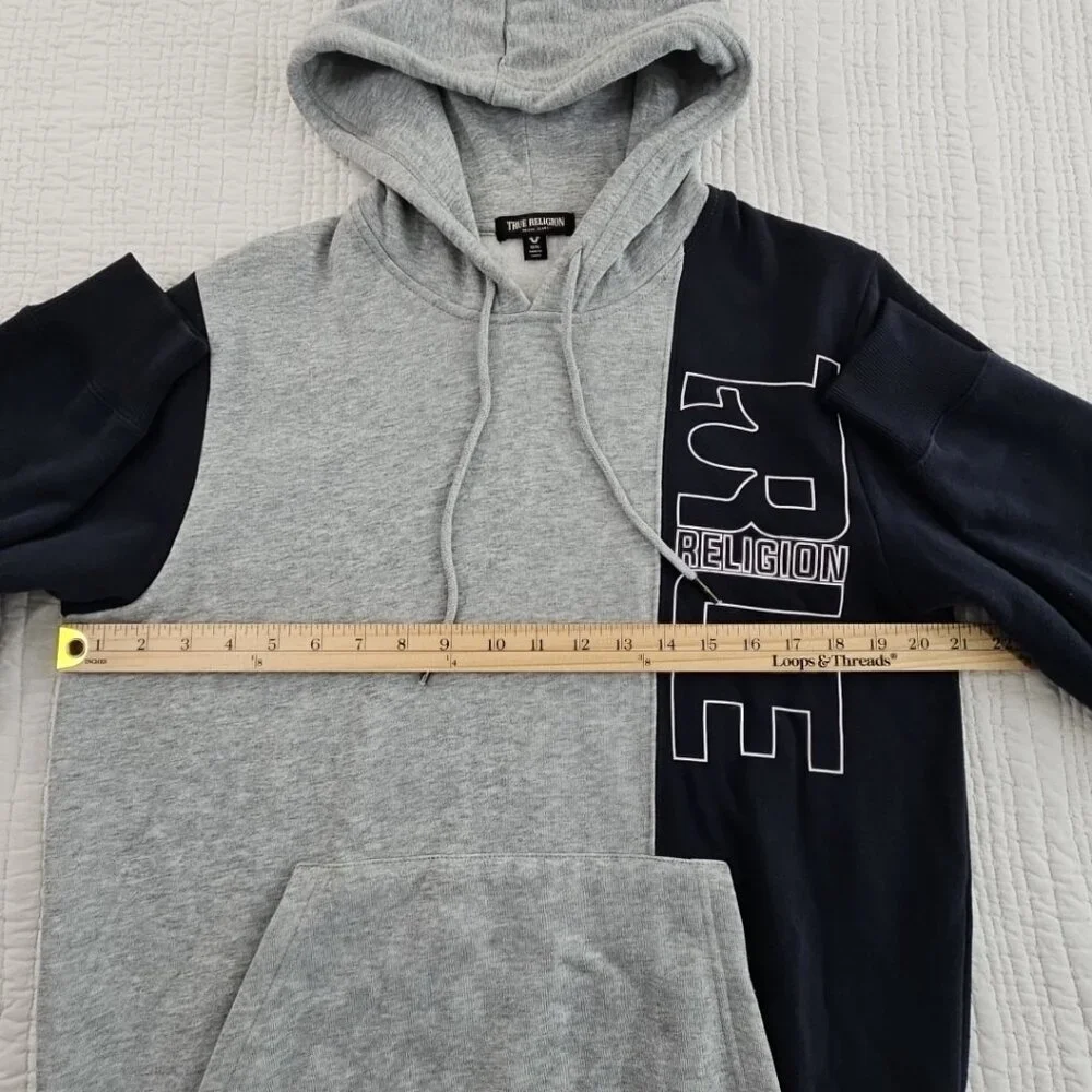 True Religion Colorblock Fleece Logo Hoodie Men's M Black Grey EUC Drawstring LS